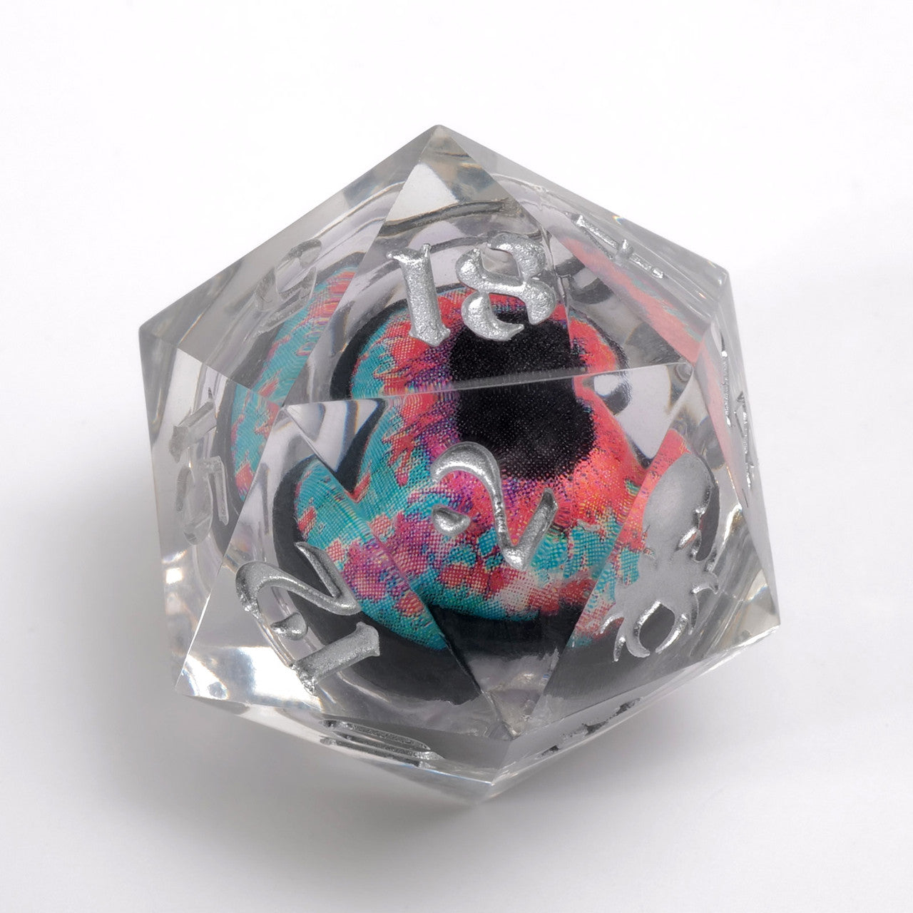 Goblin Eye: Pink Iris Single D20 w/ Silver Ink